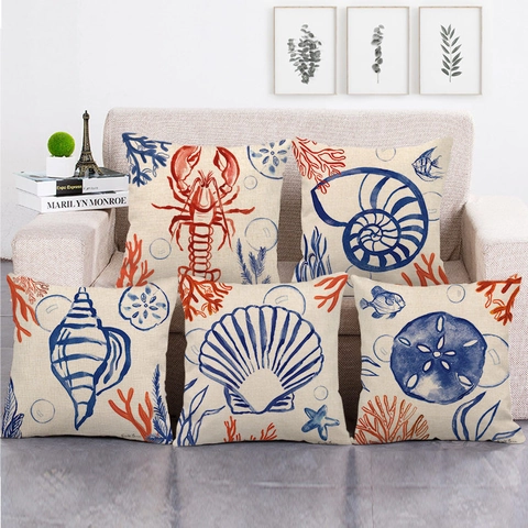 Funda de Cojín de Lino Vida Marina de Acuarela Langosta Nautilo Caracola Coral Patrón de Concha Cuadrada Decorativa para Sofá Hogar