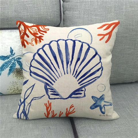 Ocean Theme Cushion Cover Linen Conch Shell Sea Life Print Decorative Pillowcase For Home Sofa Living Room