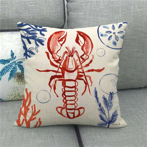 Funda de Cojín de Lino Vida Marina de Acuarela Langosta Nautilo Caracola Coral Patrón de Concha Cuadrada Decorativa para Sofá Hogar