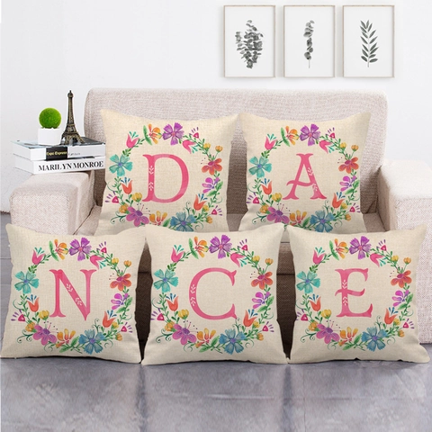 Fodera per Cuscino Decorativa in Lino con Ghirlanda di Fiori e Alfabeto Decorazione Casa Nordica per Divano Soggiorno Letto