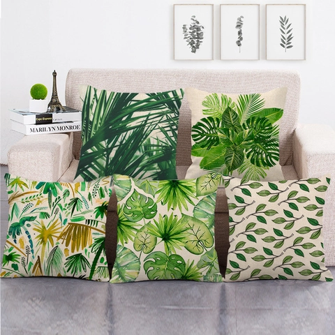 Tropische Plantenbladeren Linnen Kussenhoezen Vierkante Sierkussen Sloop Huis Sofa Decoratieve Monstera Palmblad