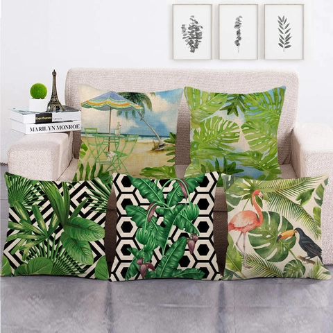 Linen Decorative Throw Pillow Case Square Cushion Cover Tropical Plant Autumn Pumpkin Floral Print For Sofa Home Decor