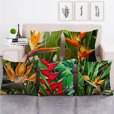 Fodera Per Cuscino In Lino Quadrata Stampa Floreale Piante Tropicali Federa Decorativa Per Divano Casa