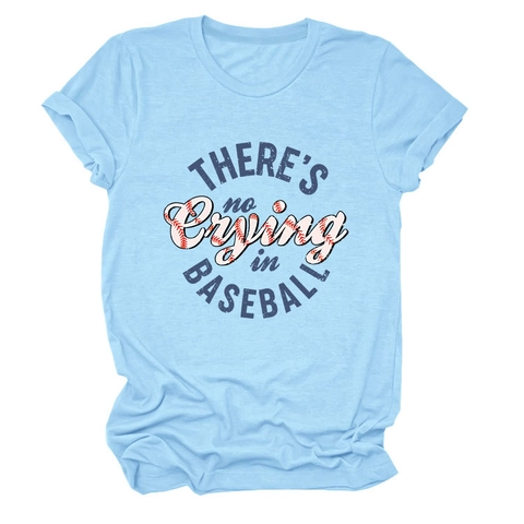 T-Shirt Décontracté en Mélange de Coton pour Femme Impression de Lettres There's No Crying In Baseball Col Rond Manches Courtes Coupe Large Top d'Été