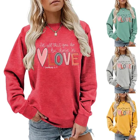 Women Sweatshirt Long Sleeve Crewneck Letter Print Pullover Casual Loose Christian Quote Love Heart Pattern Autumn Top