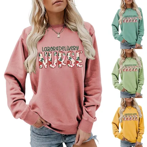 Labor And Delivery Nurse Letter Print Sweatshirt Women Casual Round Neck Long Sleeve Loose Autumn Winter Pullover Top