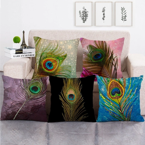 Watercolor Peacock Feather Pattern Linen Cushion Cover Artistic Rural Style Decorative Square Pillowcase For Sofa Home Decor