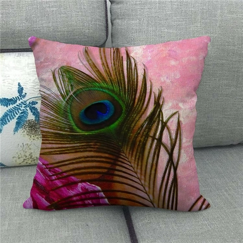Watercolor Peacock Feather Pattern Linen Cushion Cover Artistic Rural Style Decorative Square Pillowcase For Sofa Home Decor