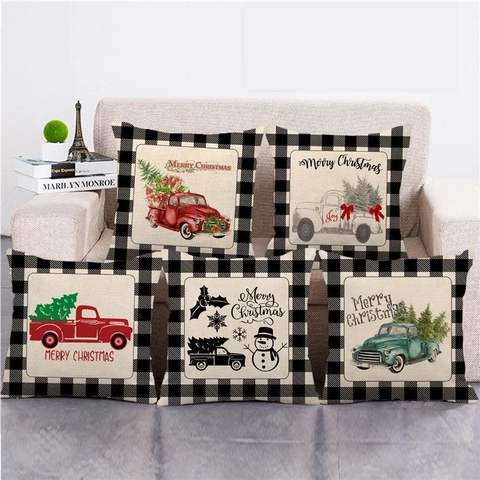 Weihnachts Kissenbezüge Leinen Dekorative Kissenhüllen Vintage LKW Buffalo Plaid Farmhaus Feiertagsdeko Für Sofa