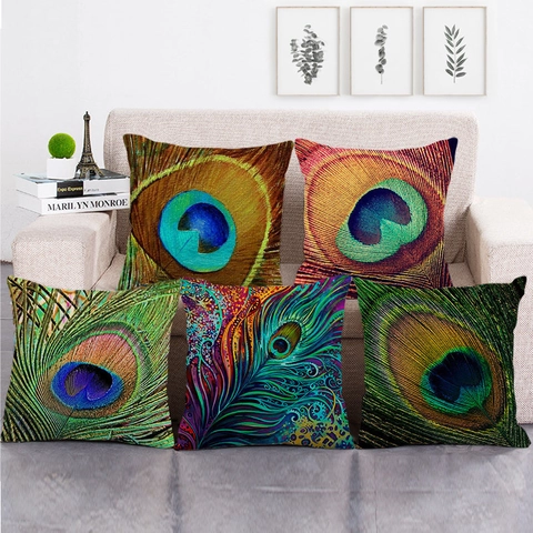 Pfauenfeder Leinen Deko Kissenhülle Quadratischer Kissenbezug Für Sofa Wohnzimmer Schlafzimmer Künstlerischer Akzent Heimdekor