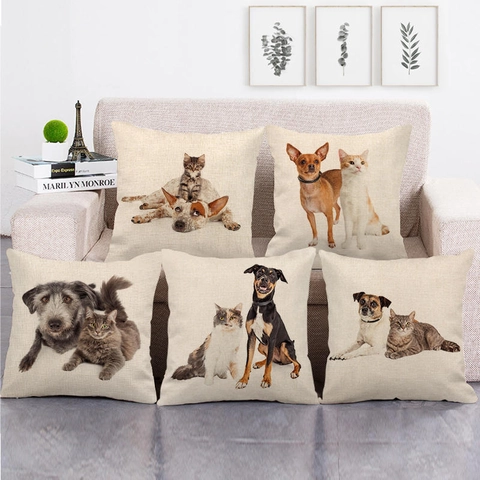 Grappige Dieren Kat Hond Patroon Linnen Decoratieve Kussensloop Voor Woonkamer Bank Home Decor Kussenhoes