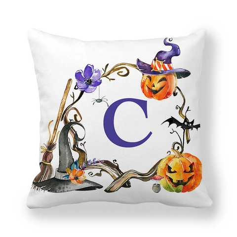 Fodera per Cuscino di Halloween Pelle di Pesca Acquerello Zucca Cappello da Strega Pipistrello Ragno Lettera Alfabeto