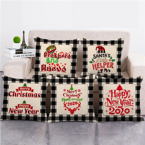 Weihnachts Kissenbezug Leinen Büffelkaro Rand Dekorativer Kopfkissenbezug Für Sofa Wohnzimmer Bauernhaus Feiertagsdeko