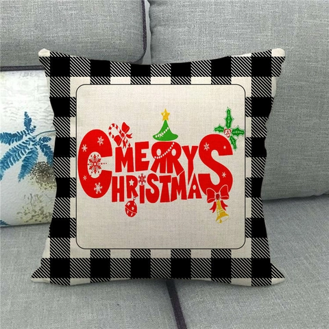 Christmas Linen Pillowcase Cushion Cover Buffalo Plaid Merry Christmas Square Rustic Home Decor For Sofa Living Room Bed