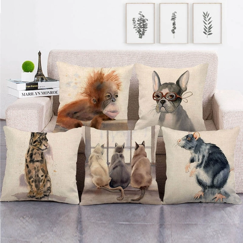 Fodera per Cuscino in Lino con Animali Acquerello Nordico Illustrazione Artistica Copricuscino Decorativo per Divano Casa