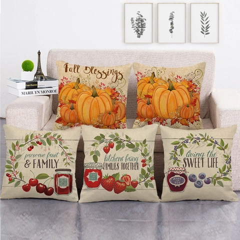 Federa Per Cuscino Autunnale Ringraziamento Zucca Lino Decorativa Raccolto Foglie Per Divano Soggiorno