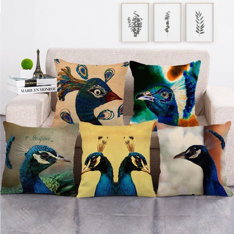 Linen Decorative Pillowcase Square Cushion Cover With Artistic Peacock Animal Print For Home Living Room Sofa Decor
