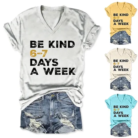 Women's V Neck Short Sleeve T-Shirt Cotton Blend Loose Top With Knot Side Detail And Graphic Print BE KIND Slogan Fashion Top
