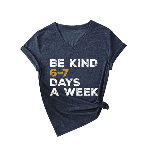Women's V Neck Short Sleeve T-Shirt Cotton Blend Loose Top With Knot Side Detail And Graphic Print BE KIND Slogan Fashion Top
