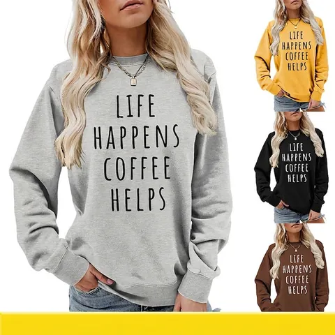 Women Casual Long Sleeve Round Neck Sweatshirt Cotton Blend Slogan Print Pullover Loose Fit Fashion Jumper Tops For Autumn