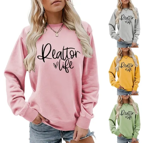 Damen Sweatshirt Baumwollmischung Langarm Rundhalsausschnitt Realtor Life Herz Grafik Locker Lässig Pullover Oberteil