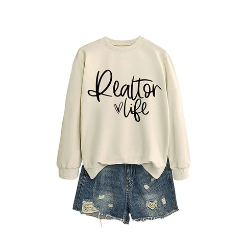 Damen Sweatshirt Baumwollmischung Langarm Rundhalsausschnitt Realtor Life Herz Grafik Locker Lässig Pullover Oberteil