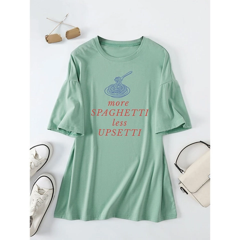 T-Shirt Oversize Donna Misto Cotone Manica Corta Girocollo Divertente Stampa Spaghetti Slogan Casual Streetwear