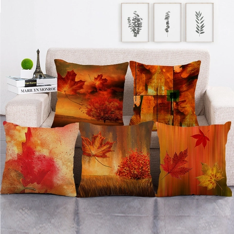 Funda de Almohada Decorativa de Lino con Hoja de Arce de Otoño Acuarela Planta Cuadrada Calabaza Decoración Sofá Hogar
