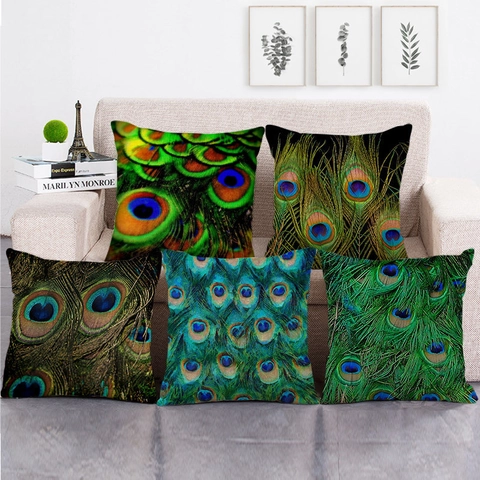 Peacock Feather Cushion Cover Linen Pillowcase Decorative Throw Pillow Case For Home Sofa Couch Living Room Vintage Style