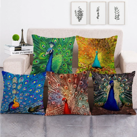 Vintage Peacock Linen Pillow Cover Animal Print Decorative Cushion Case For Sofa Home Decor