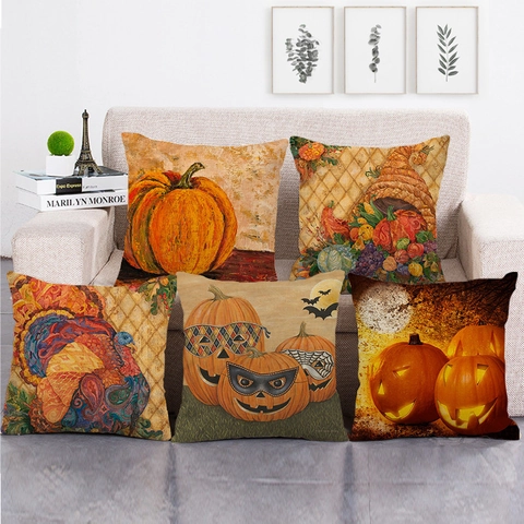 Linen Autumn Pumpkin Pillowcases Thanksgiving Halloween Home Decor Farmhouse Cushion Covers