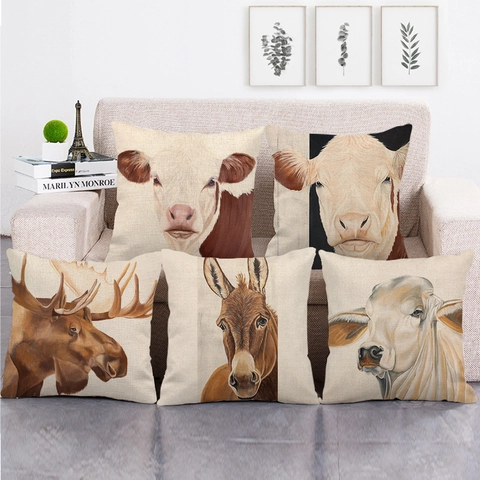 Decorative Cushion Covers Linen Square Watercolor Wildlife Animal Portrait Print Farmhouse Sofa Pillowcases Home Decor