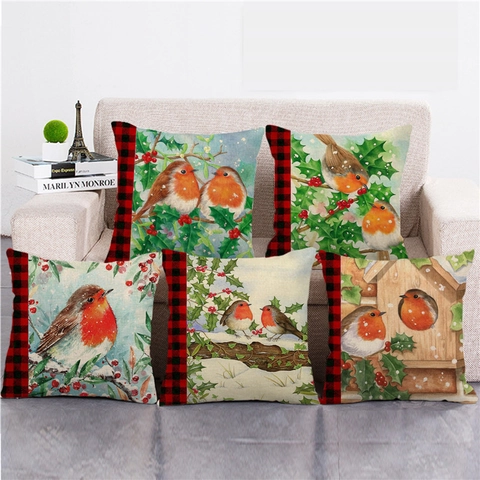 Housse de Coussin en Lin Oiseau de Noël Baies Rouges d'Hiver Carreaux Buffalo Taie d'Oreiller Décorative pour Canapé Maison