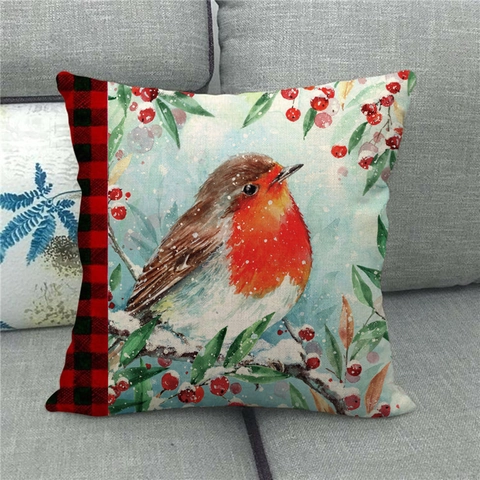 Housse de Coussin en Lin Oiseau de Noël Baies Rouges d'Hiver Carreaux Buffalo Taie d'Oreiller Décorative pour Canapé Maison