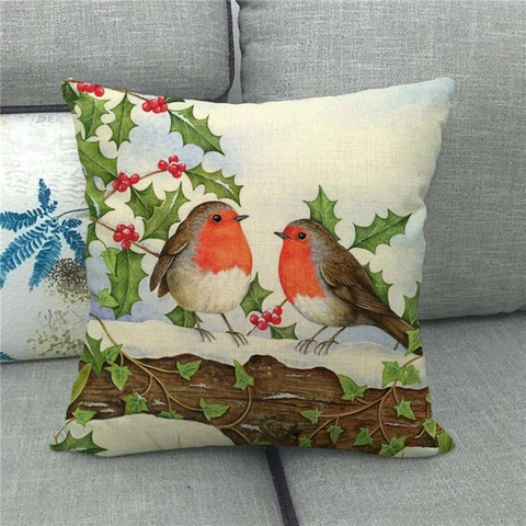 Taie d'Oreiller de Noël Rouge-gorge Aquarelle en Lin Housse de Coussin Décorative Carrée pour Canapé Salon Déco
