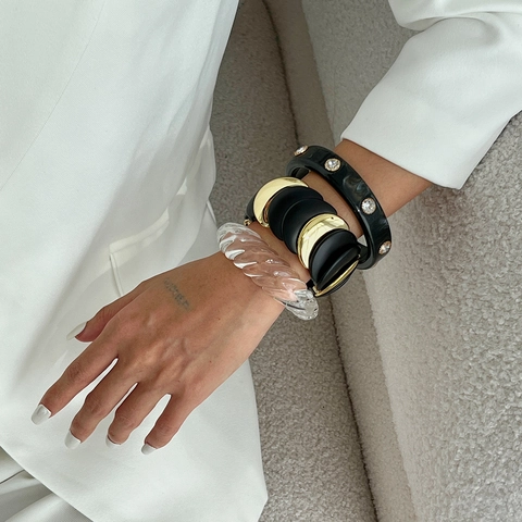 Irregular Fashion Bangles Resin Clear Spiral Twist Black Gold Geometric Alloy Rhinestone Retro Trendy Jewelry Women