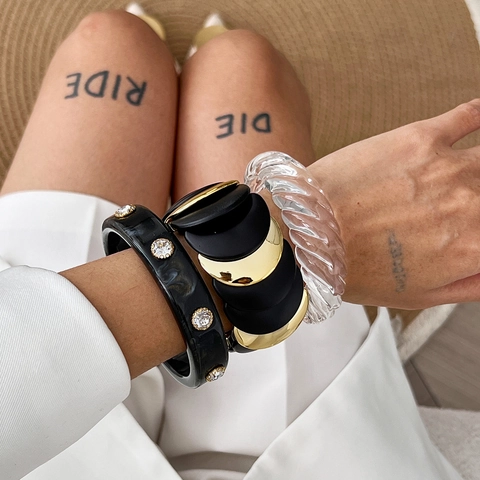 Irregular Fashion Bangles Resin Clear Spiral Twist Black Gold Geometric Alloy Rhinestone Retro Trendy Jewelry Women