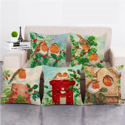 Taie d'Oreiller de Noël Rouge-gorge Aquarelle en Lin Housse de Coussin Décorative Carrée pour Canapé Salon Déco