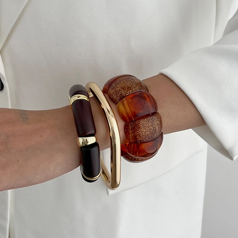 Vintage Resin Alloy Bracelet Irregular Gold Foil Amber Bangle Splicing Elastic Cuff Fashion Unisex Jewelry