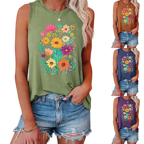 Dames Tanktop Katoenmix Ronde Hals Kleurrijke Bloemenprint Losse Pasvorm Mouwloos Zomer Casual Mode Dagelijks