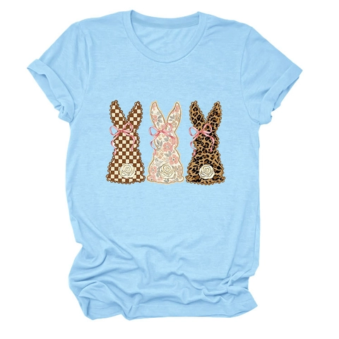 Women Cute Rabbit Print T-Shirt Loose Fit Short Sleeve Round Neck Casual Cotton Blend Top Plaid Floral Leopard Patchwork