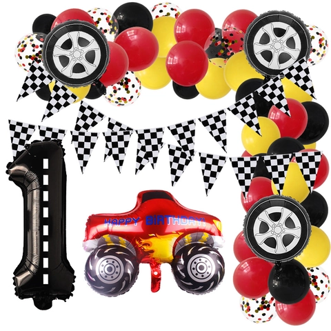 Decorazione Festa Compleanno Auto da Corsa Palloncino Monster Truck Bandiera a Scacchi Nera Palloncino Numero per Bambini