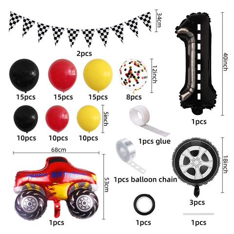 Racing Car Theme Monster Truck Balloon Arch Kit With Checkered Flags Tire Foil Balloons For Boys Birthday Party Decoration