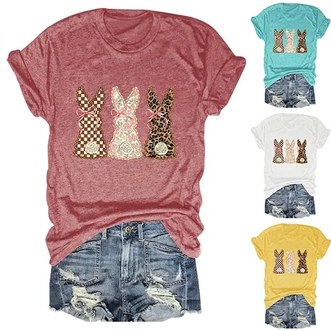 Women Cute Rabbit Print T-Shirt Loose Fit Short Sleeve Round Neck Casual Cotton Blend Top Plaid Floral Leopard Patchwork
