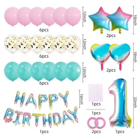 Gradient Rainbow Birthday Balloon Set Aluminum Foil Letters Number Heart Star Macaron Latex Balloons For Kids Party