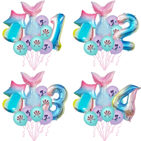 Mermaid Tail Foil Balloon Set Gradient Rainbow Number Star Heart Balloons Latex Balloons For Girls Birthday Party Decoration