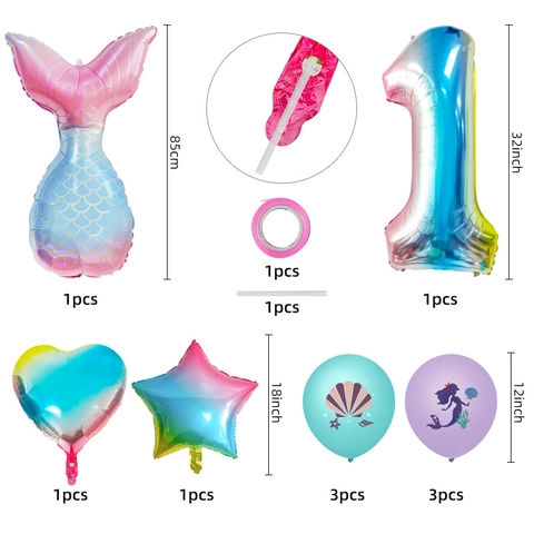 Mermaid Tail Foil Balloon Set Gradient Rainbow Number Star Heart Balloons Latex Balloons For Girls Birthday Party Decoration