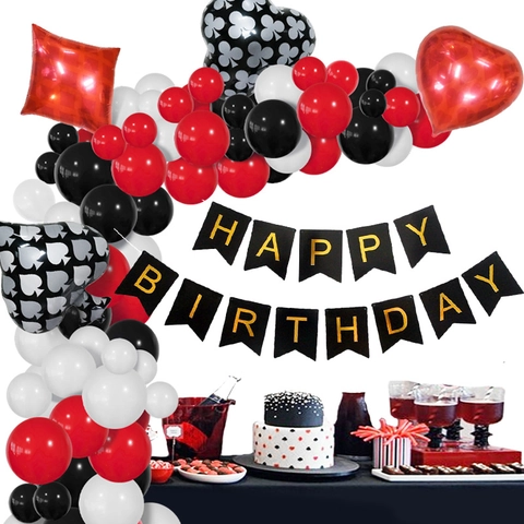 Décoration Arche Guirlande Ballons Thème Poker Latex Feuille Aluminium Casino Nuit Anniversaire Bannière Rouge Noir Blanc Couleurs