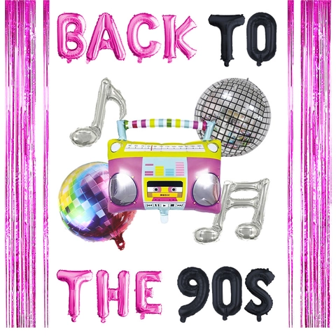 Retro Back To The 90s Partydekorationen Radio Disco Kugel Musiknote Stern Folienballons Rosa Schwarz Gold Regenvorhang Hintergrund