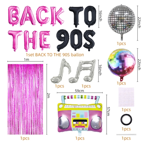 Retro Back To The 90s Partydekorationen Radio Disco Kugel Musiknote Stern Folienballons Rosa Schwarz Gold Regenvorhang Hintergrund